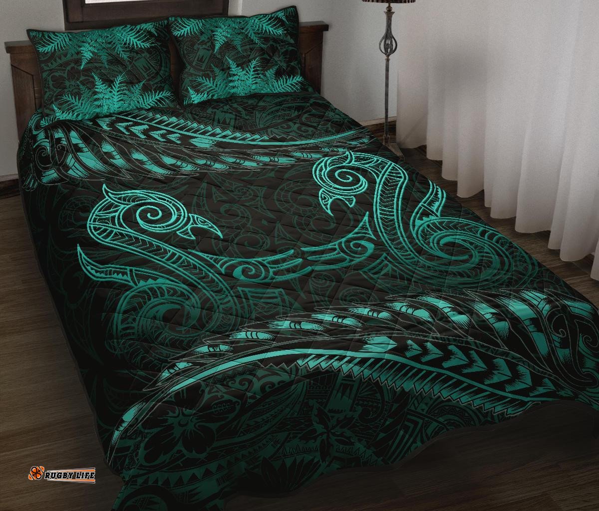 Aotearoa Quilt Bed Set Turquoise Maori Manaia With Silver Fern 08