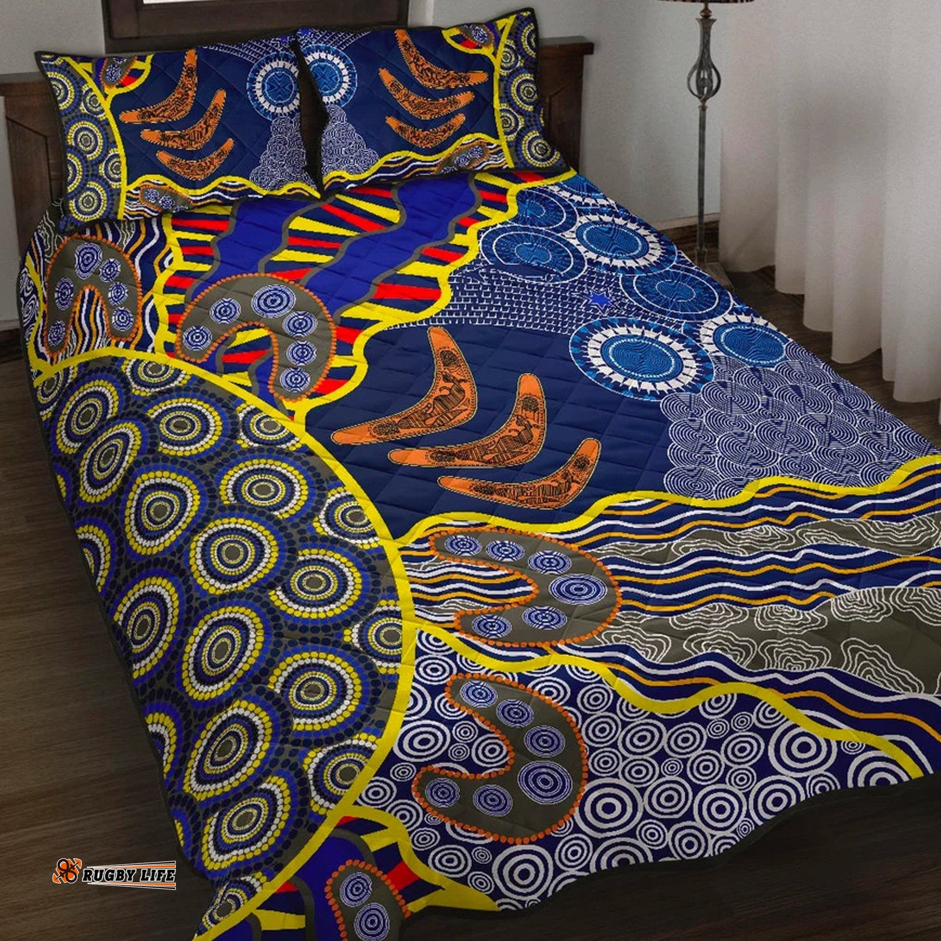 Aboriginal Quilt Set Cover, Australian Boomerang Dot Painting Art