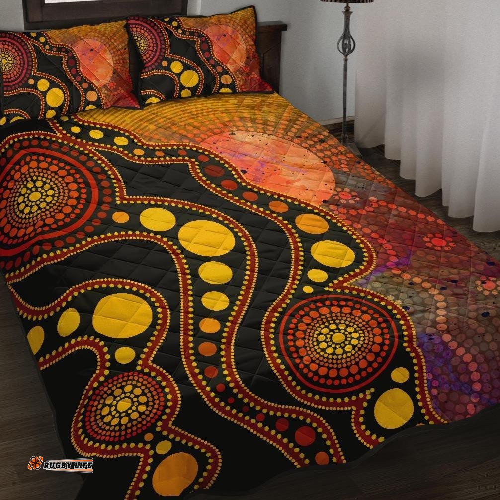 Aboriginal Quilt Bed Set Australia Indigenous Flag Circle Dot Painting Art Golden