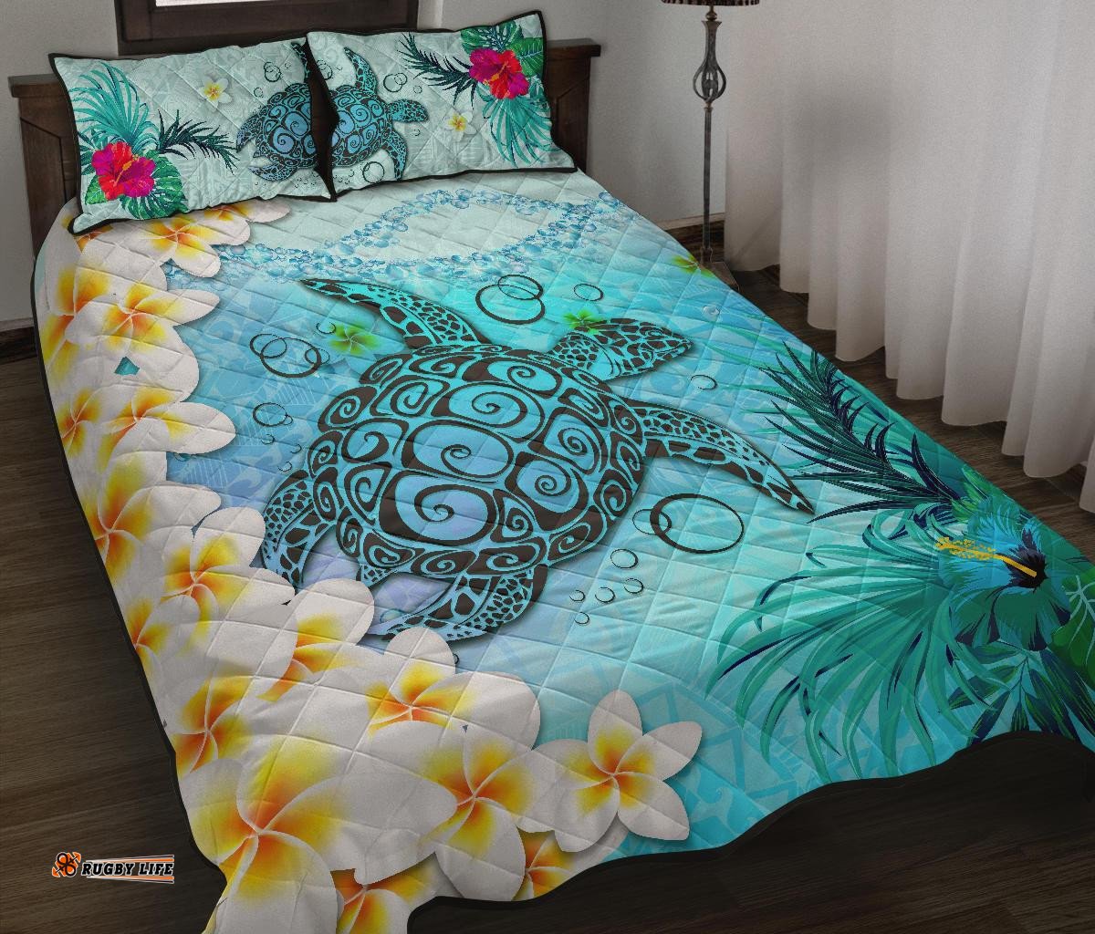 Polynesian Turtle Quilt Bed Set, Plumeria With Hibiscus Quilt And Pillow Cover