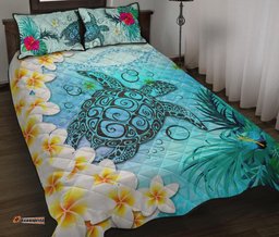 Polynesian Turtle Quilt Bed Set, Plumeria With Hibiscus Quilt And Pillow Cover