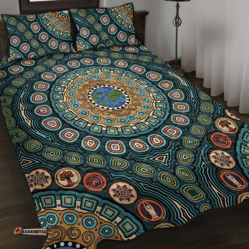 Quilt Bed Set Aboriginal Green Dot Painting With Earth
