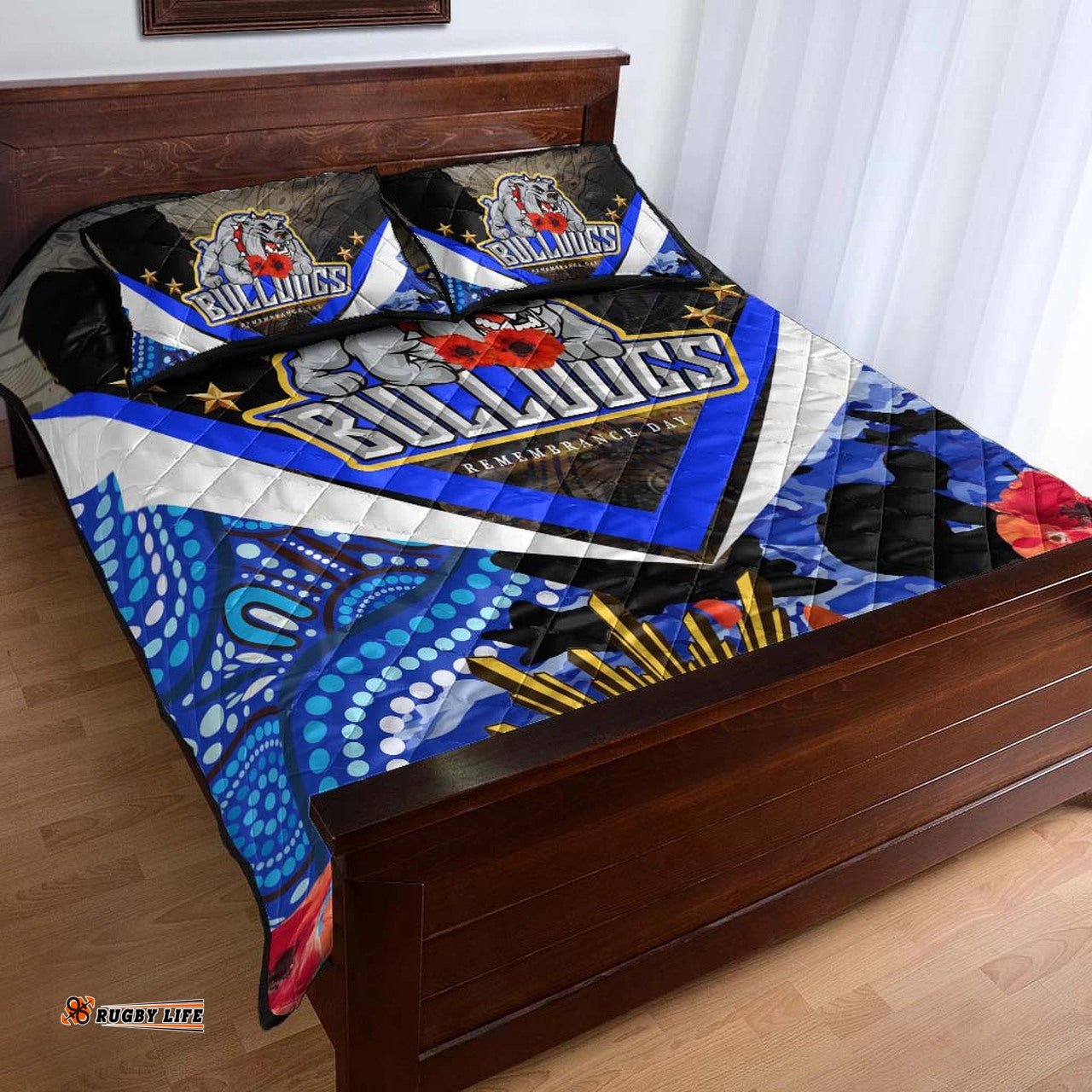 Bulldogs Rugby ANZAC Aboriginal Quilt Bed Set Poppy Flower Remembrance Day Quilt Bed Set