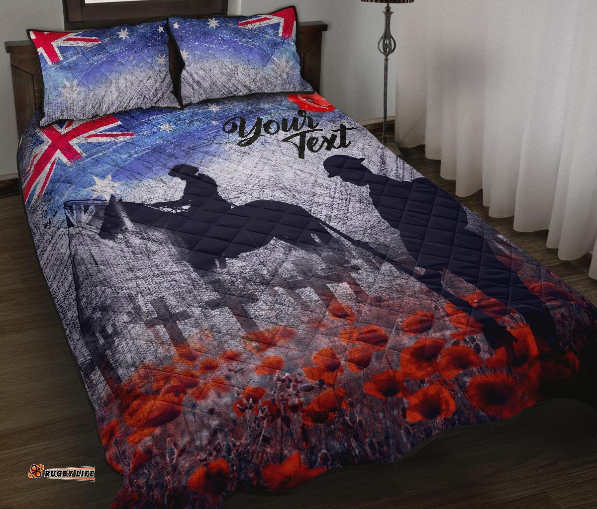 Custom Text ANZAC Day Quilt Bed Set Lest We Forget Vintage Poppies