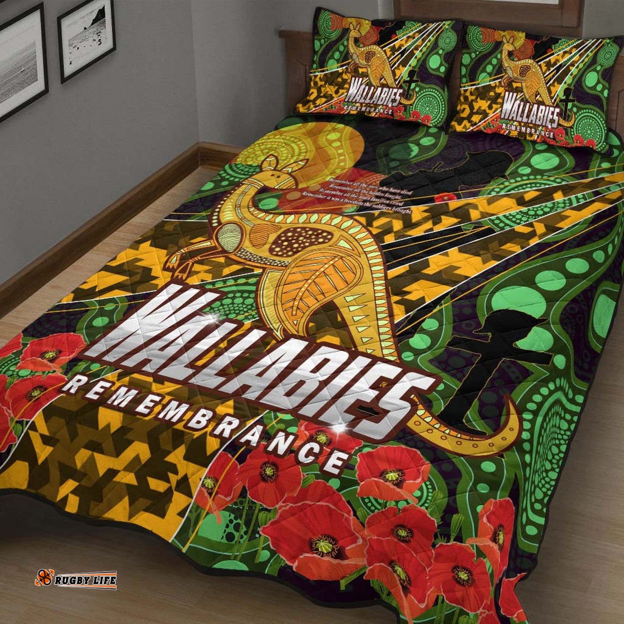 Wallabies Rugby Quilt Bed Set ANZAC Day Aboriginal Wallabies Kangaroo Quilt Bed Set