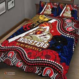Roosters Rugby ANZAC Aboriginal Quilt Bed Set Sydney Roosters with Remembrance Day Poppy Flower Quilt Bed Set