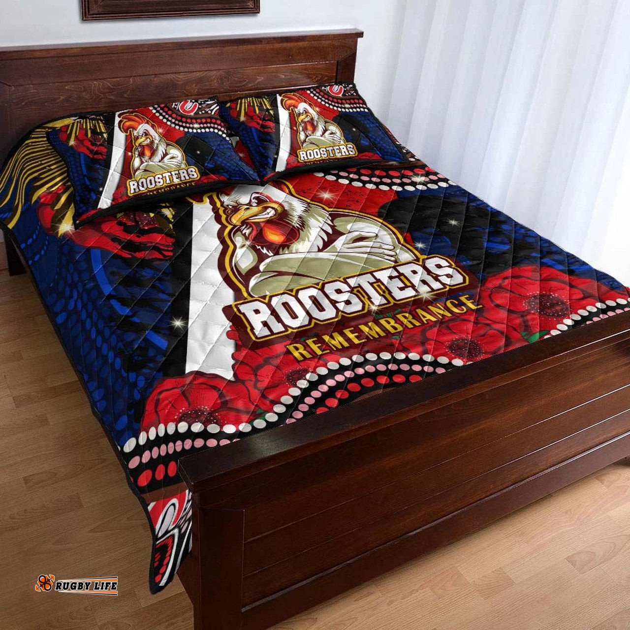 Roosters Rugby ANZAC Aboriginal Quilt Bed Set Sydney Roosters with Remembrance Day Poppy Flower Quilt Bed Set