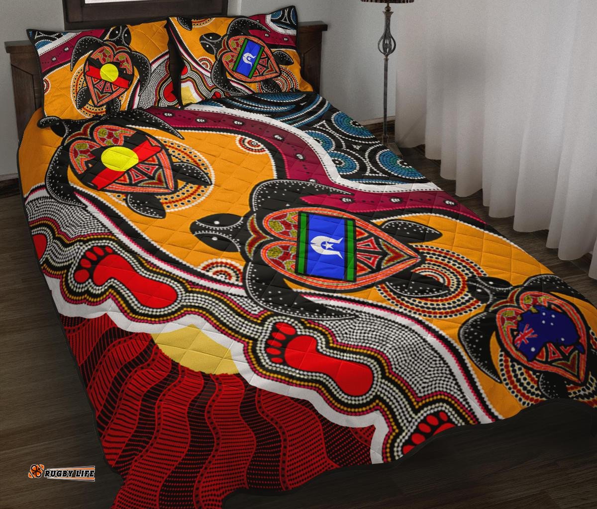 Aboriginal Quilt Bed Set Indigenous Dots With Turtle and NAIDOC Flags