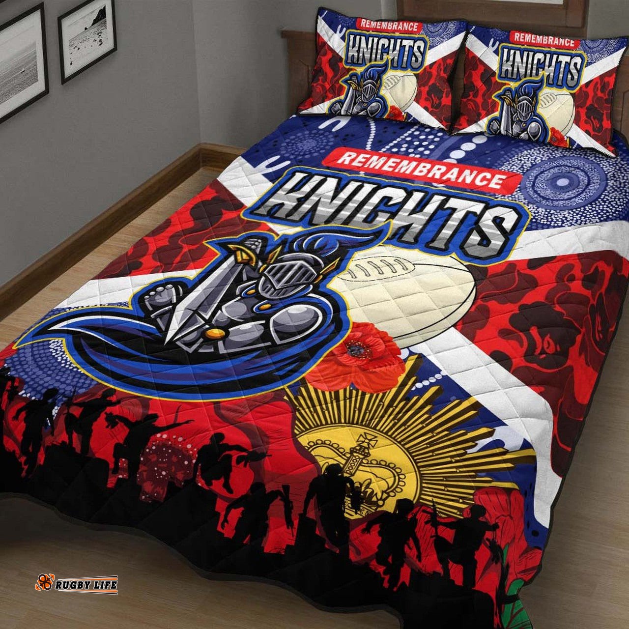 Knights Rugby ANZAC Aboriginal Quilt Bed Set Newcastle Knights with ANZAC Day Poppy Flower Quilt Bed Set