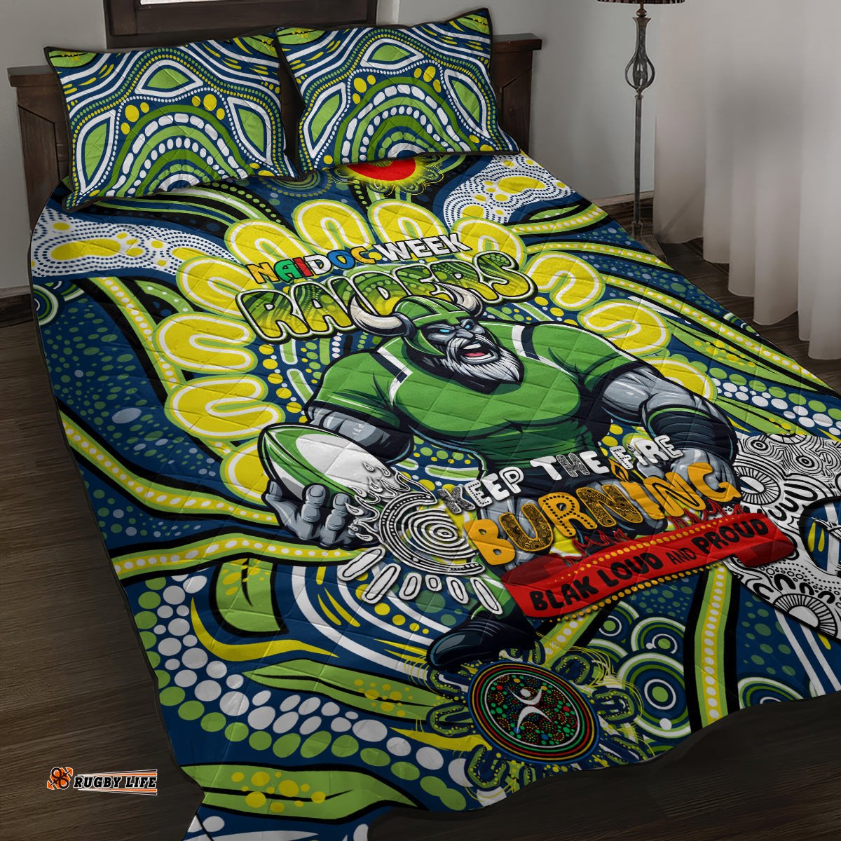 custom naidoc week 2024 raiders quilt bed set mascot rugby dt02