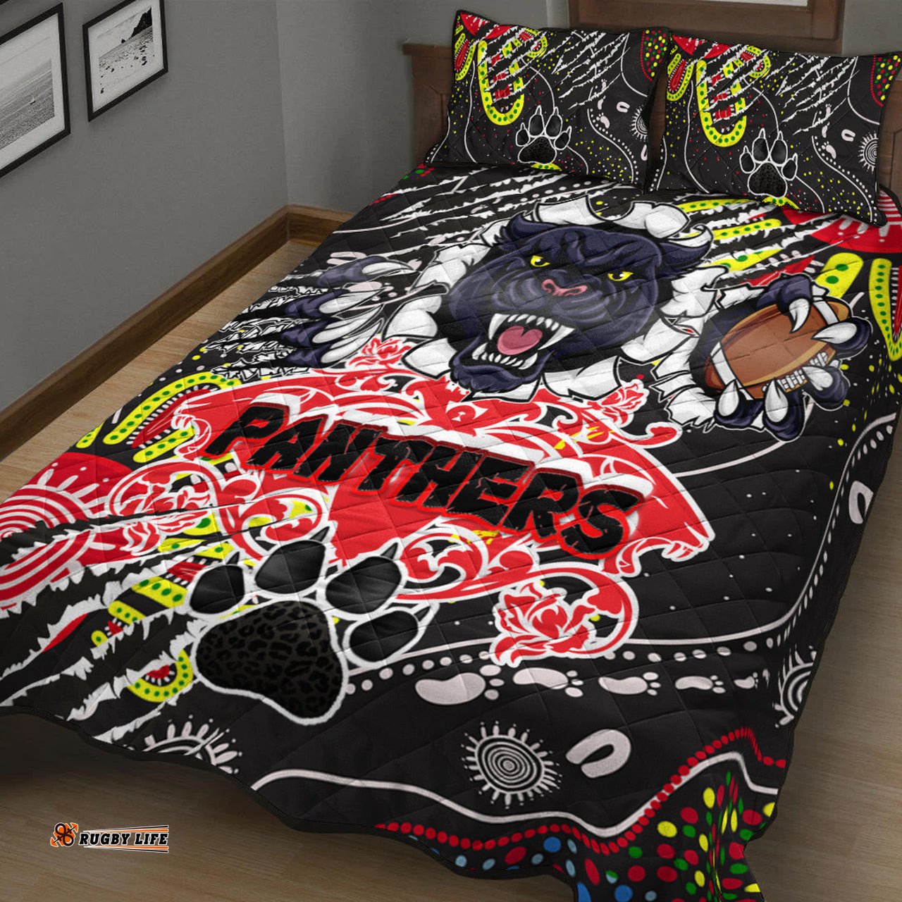 Panthers Rugby Aboriginal Quilt Bed Set Indigenous Super Black Panthers Scratch Style