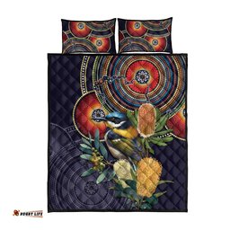 Aussie Honeyeaters Banksia Flowers Quilt Bed Set Aboriginal Dots Painting
