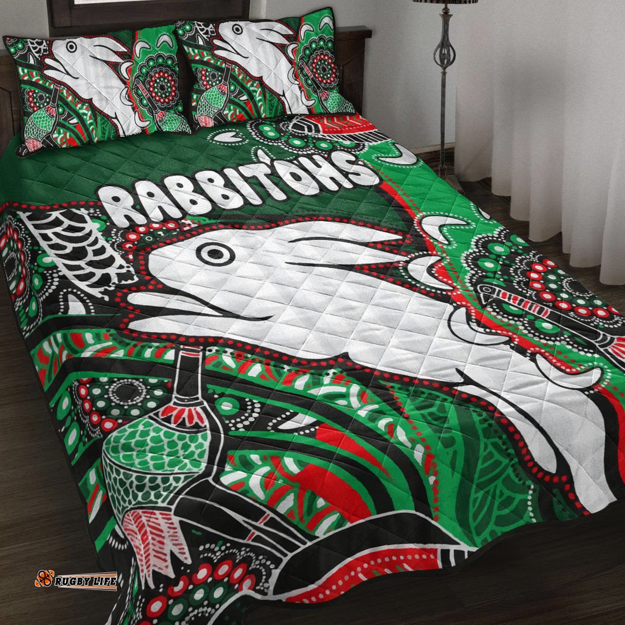 South Sydney Rabbitohs Rugby Custom Quilt Bed Set Indigenous Dreaming Rabbitohs