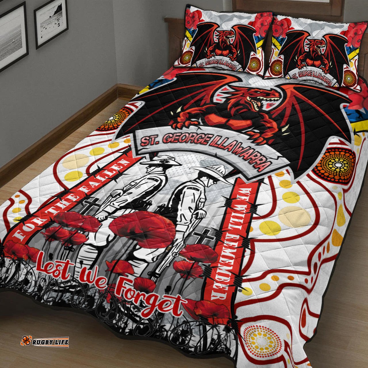 St. George Rugby ANZAC Day Watercolour Custom Quilt Bed Set Remembrance Dragons With Poppy Flower