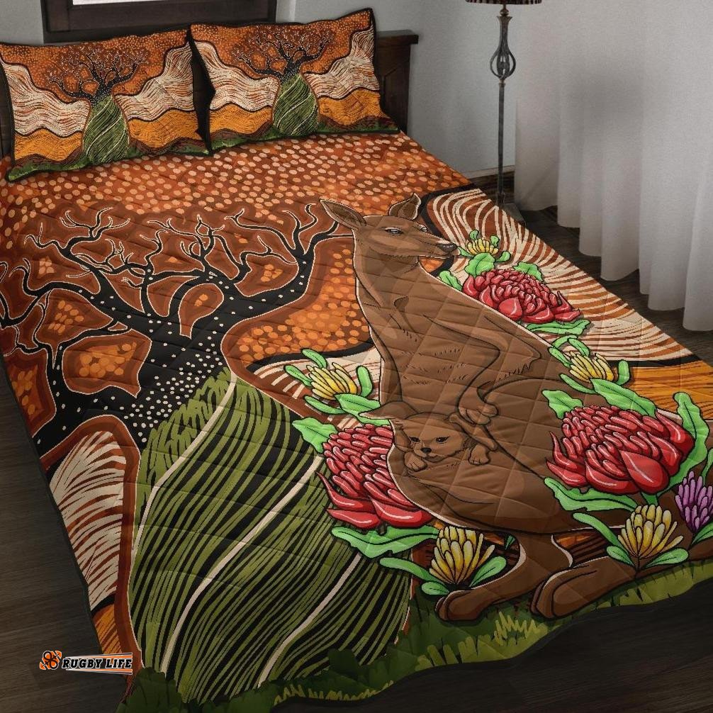 Aboriginal Quilt Bed Set Kangaroo With Indigenous Tree