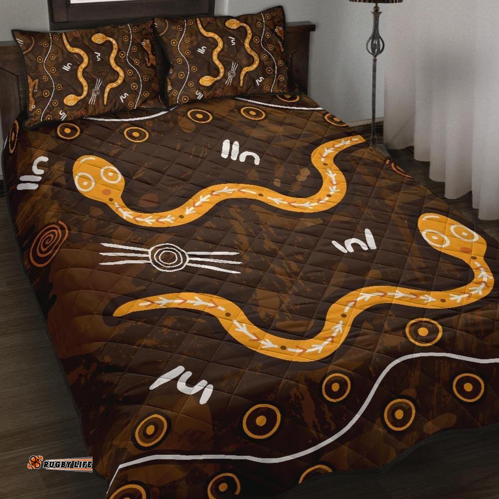 Aboriginal Quilt Bed Set Indigenous Snake Hand Brown Color