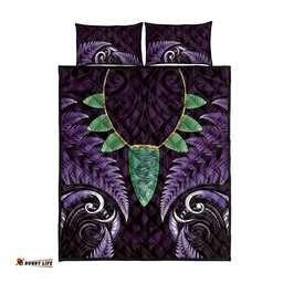 Aotearoa Pounamu Niho Quilt Bed Set Silver Fern Mix Maori Pattern Purple