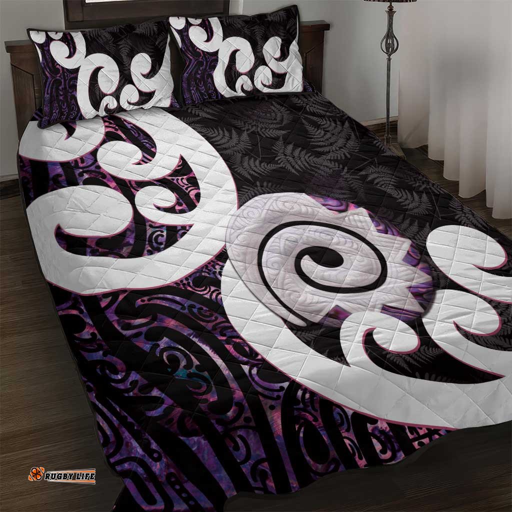 Aotearoa Koru Quilt Bed Set Purple Maori Paua Shell Mix Silver Fern