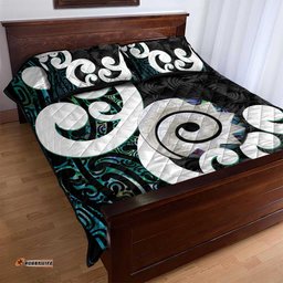 Aotearoa Koru Quilt Bed Set Cyan Maori Paua Shell Mix Silver Fern