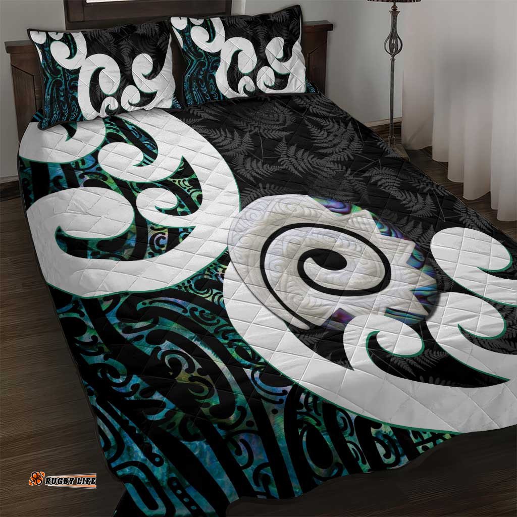 Aotearoa Koru Quilt Bed Set Cyan Maori Paua Shell Mix Silver Fern
