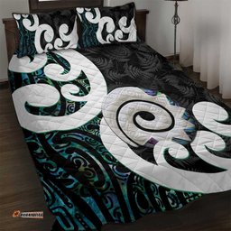 Aotearoa Koru Quilt Bed Set Cyan Maori Paua Shell Mix Silver Fern