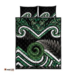 Koru Pounamu Aotearoa Quilt Bed Set Maori Paua Shell Mix Silver Fern