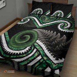 Koru Pounamu Aotearoa Quilt Bed Set Maori Paua Shell Mix Silver Fern
