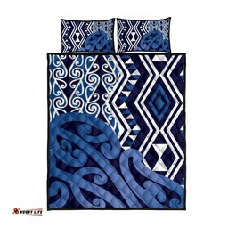 New Zealand Quilt Bed Set Aotearoa Kowhaiwhai Mix Taniko Art Blue