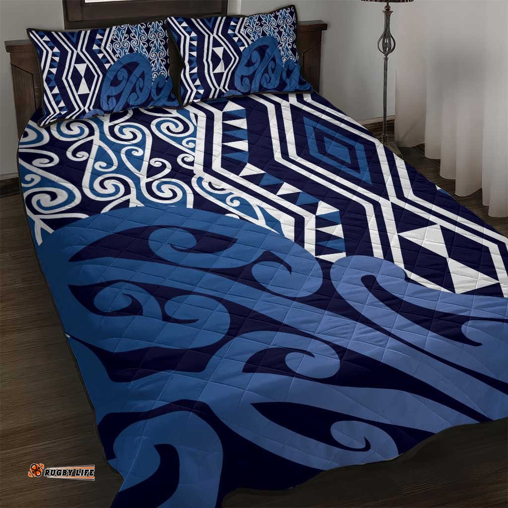 New Zealand Quilt Bed Set Aotearoa Kowhaiwhai Mix Taniko Art Blue