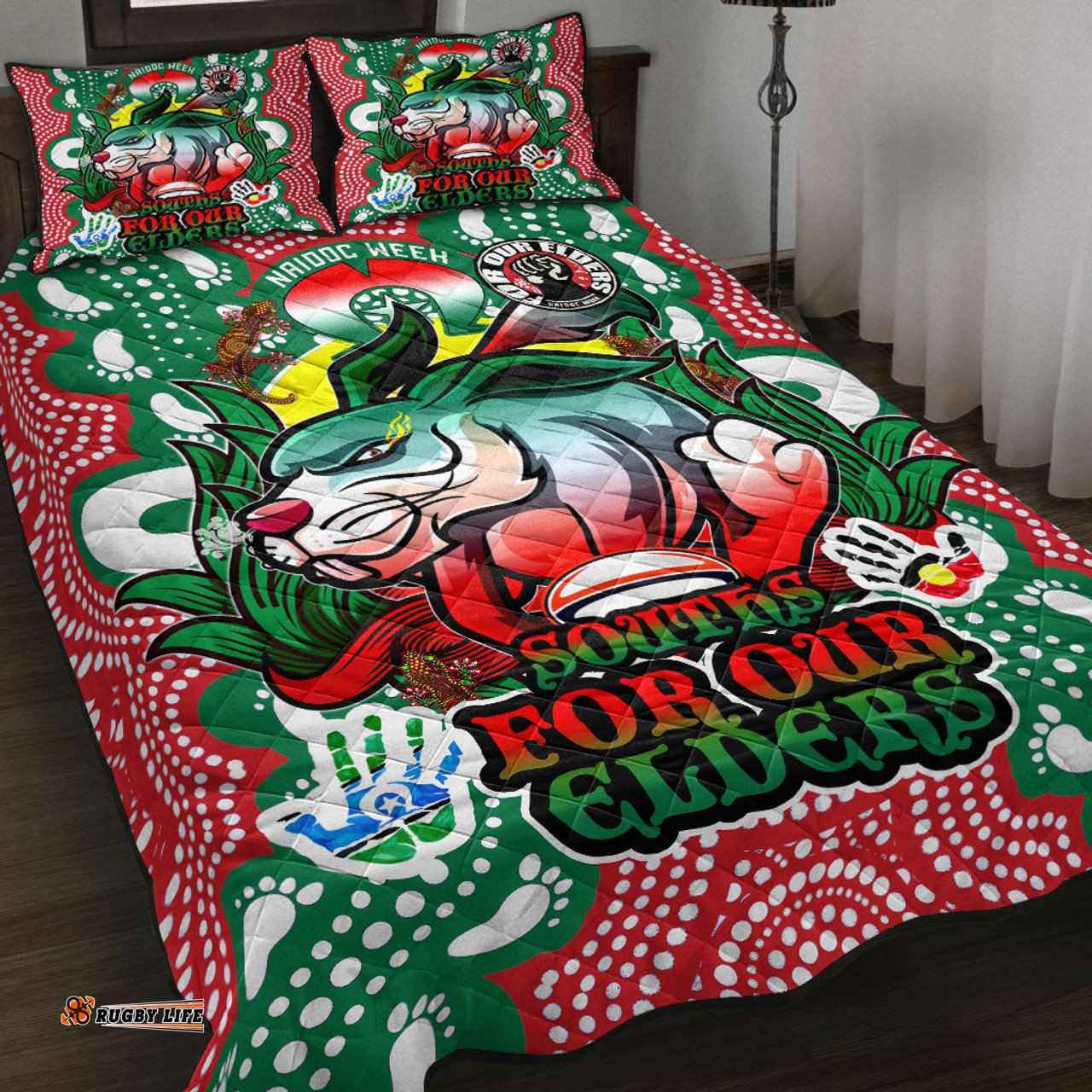 South Sydney Rabbitohs Custom Quilt Bed Set - Souths Super Bunny Naidoc Week For Our Elders Aboriginal Inspired