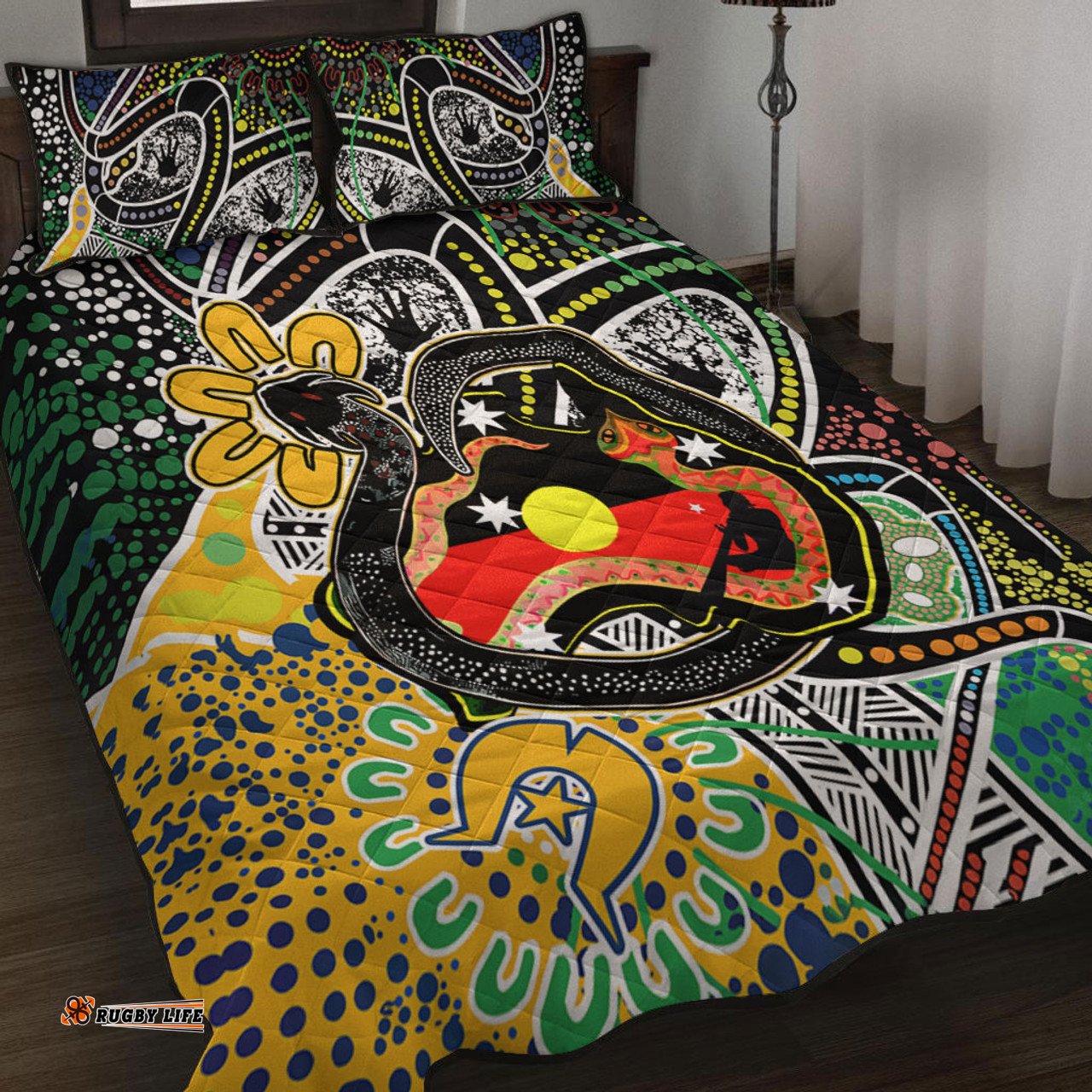 Australia Rainbow Serpent Aboriginal Quilt Bed Set - Dreamtime Rainbow Serpent Creates Australia Quilt Bed Set