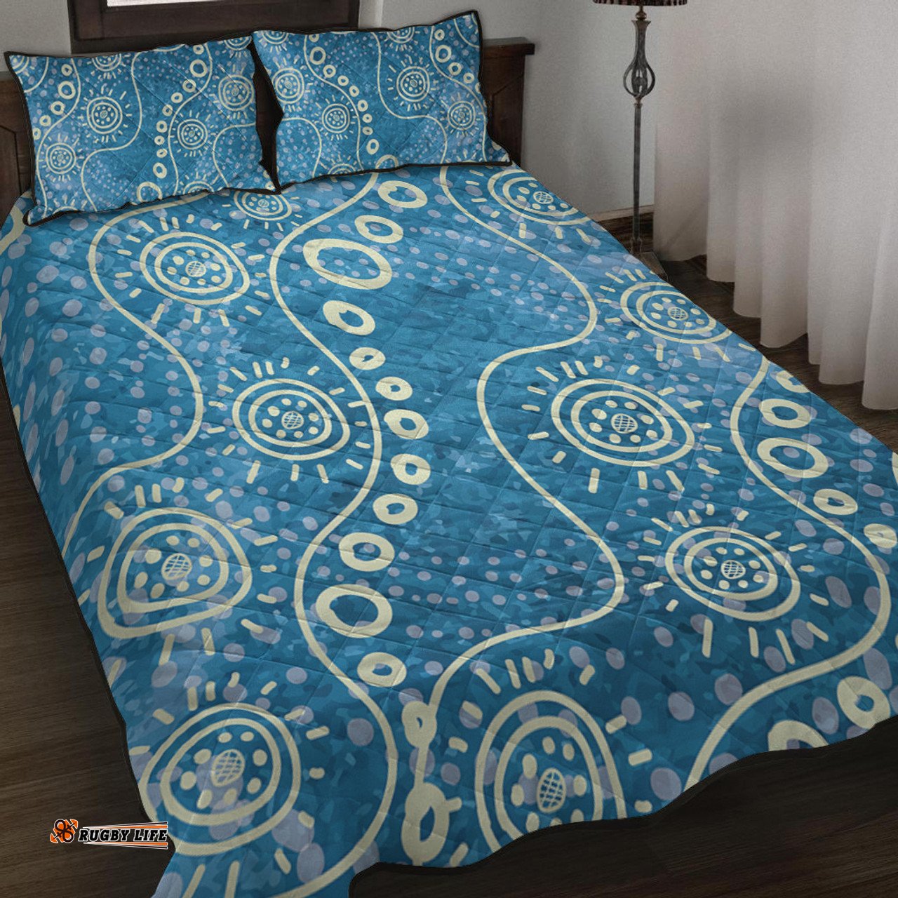 Australia Aboriginal Quilt Bed Set - River Scene in Aboriginal Dot Art Style Quilt Bed Set