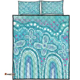 Australia Aboriginal Quilt Bed Set - Dot painting illustration in Aboriginal style Turquoise Quilt Bed Set
