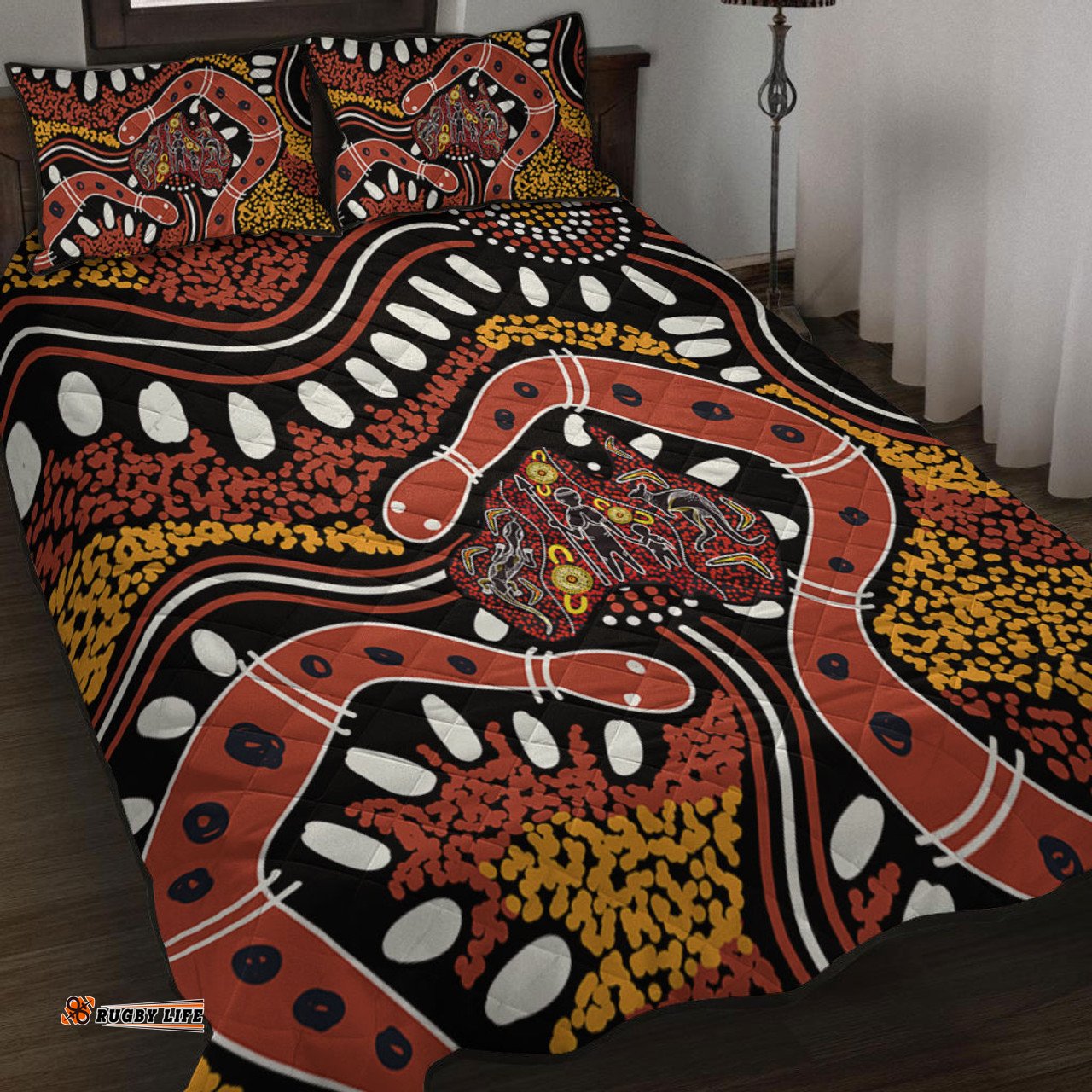 Australia Rainbow Serpent Aboriginal Quilt Bed Set - Aboriginal Dot Art Snake Artwork Quilt Bed Set