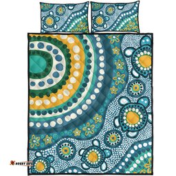 Australia Aboriginal Quilt Bed Set - Turquoise Aboriginal Dot Art With Turtle Quilt Bed Set