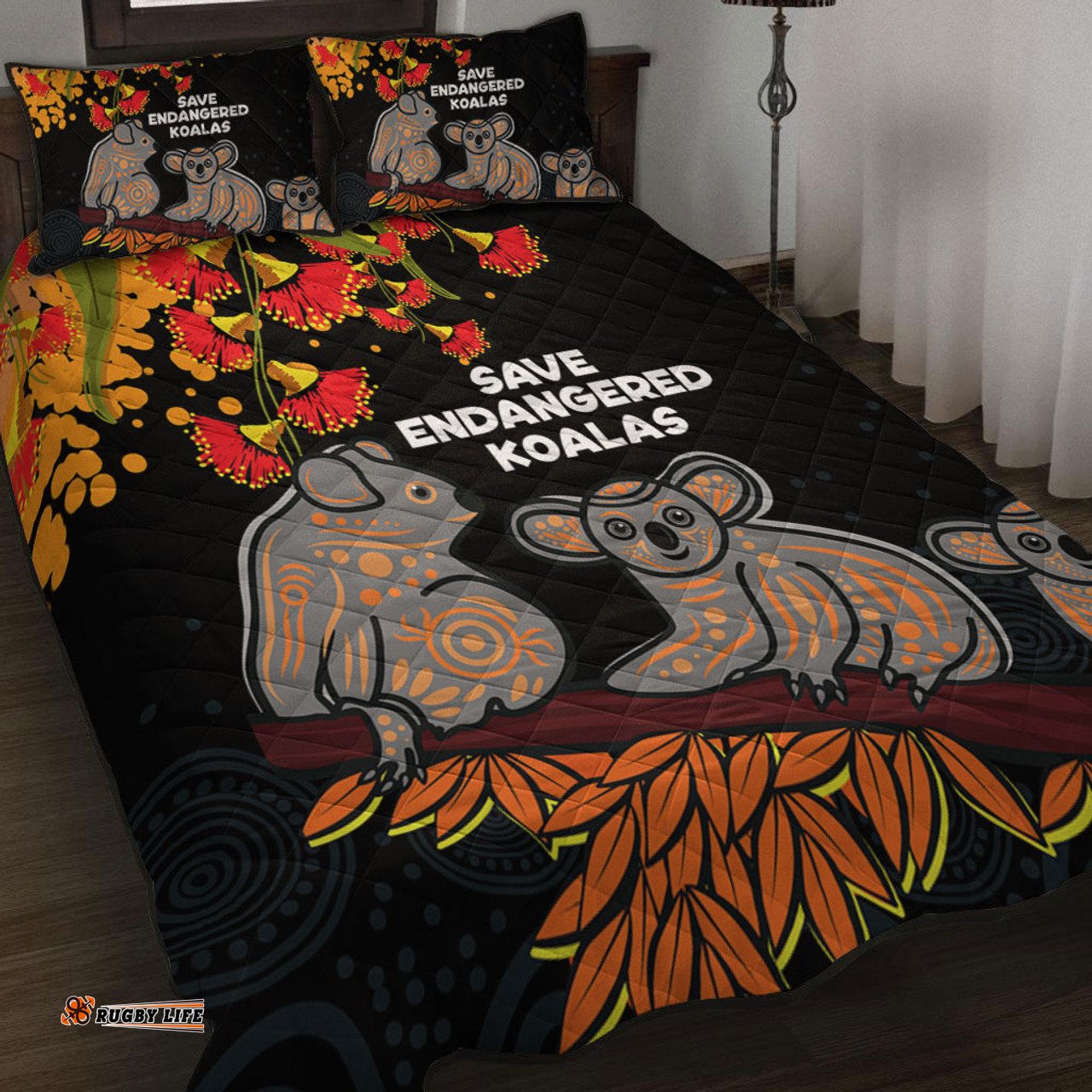 Australia Koala Quilt Bed Set - Aboriginal Save Endangered Koalas Red Bottle Brush Flower Quilt Bed Set