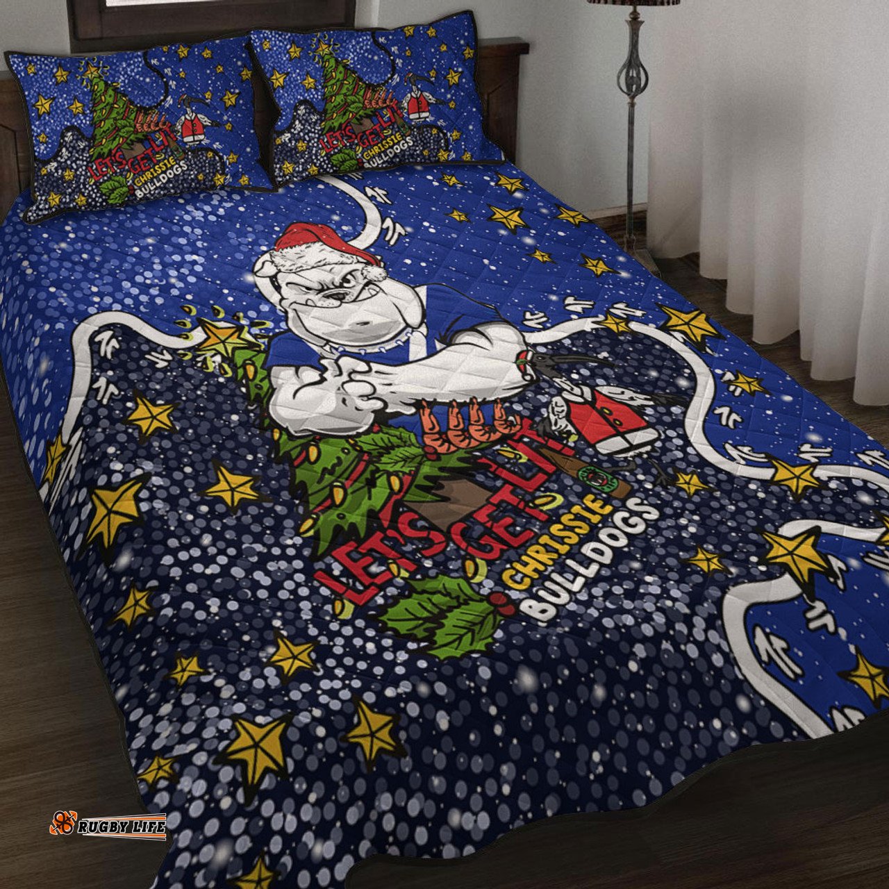 Canterbury-Bankstown Bulldogs Christmas Custom Quilt Bed Set - Let's Get Lit Chrisse Pressie Quilt Bed Set