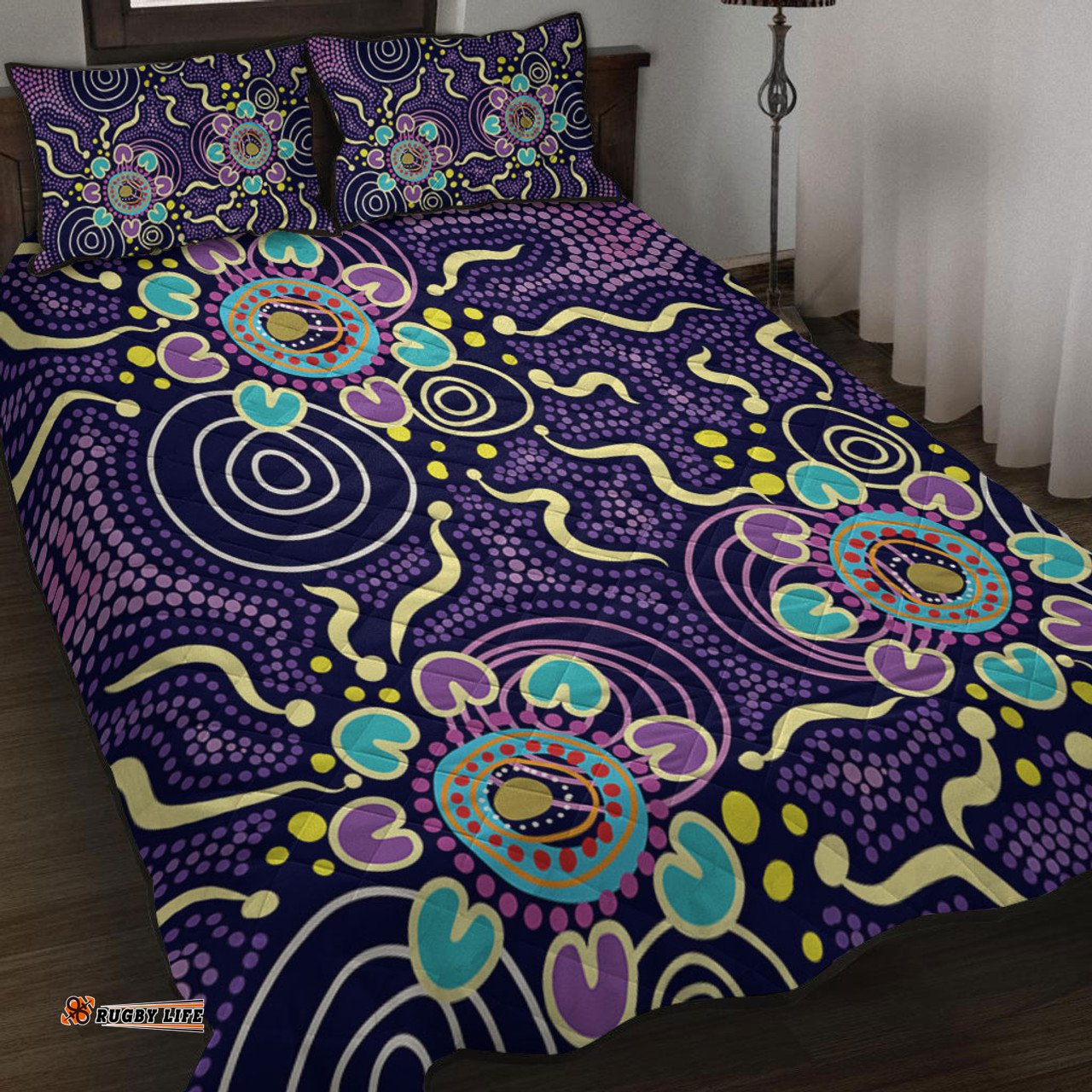 Australia Aboriginal Quilt Bed Set - Purple Painting With Aboriginal Inspired Dot Quilt Bed Set