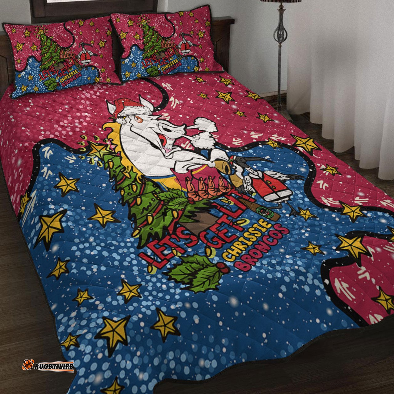 Brisbane Broncos Christmas Custom Quilt Bed Set - Let's Get Lit Chrisse Pressie Quilt Bed Set