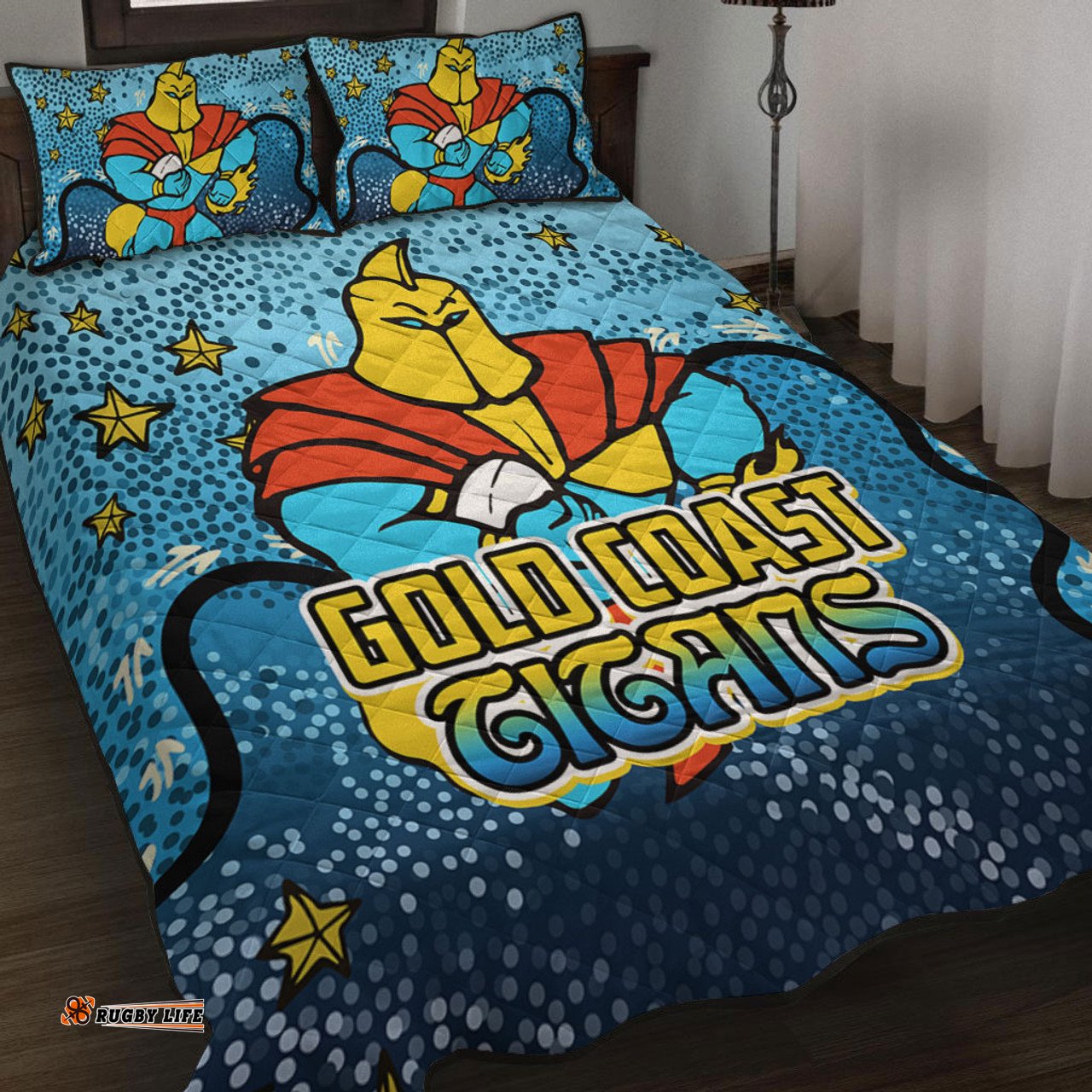 Gold Coast Titans Custom Quilt Bed Set - Team With Dot And Star Patterns For Tough Fan Quilt Bed Set