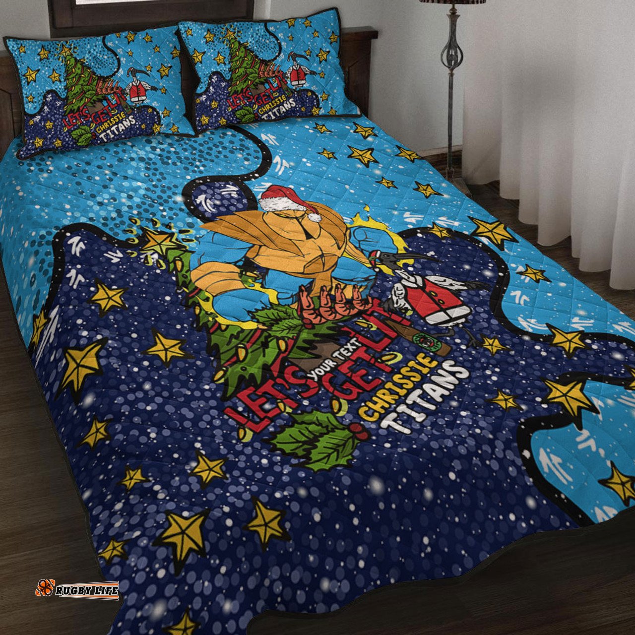 Gold Coast Titans Christmas Custom Quilt Bed Set - Let's Get Lit Chrisse Pressie Quilt Bed Set