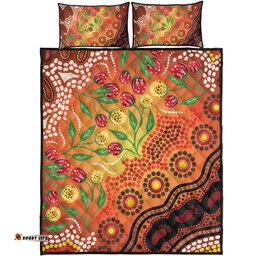 Australia Aboriginal Quilt Bed Set - Aboriginal Dot Art With Bush Flowers Quilt Bed Set