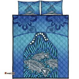 Australia Aboriginal Quilt Bed Set - Blue Aboriginal Dot With Fish Quilt Bed Set