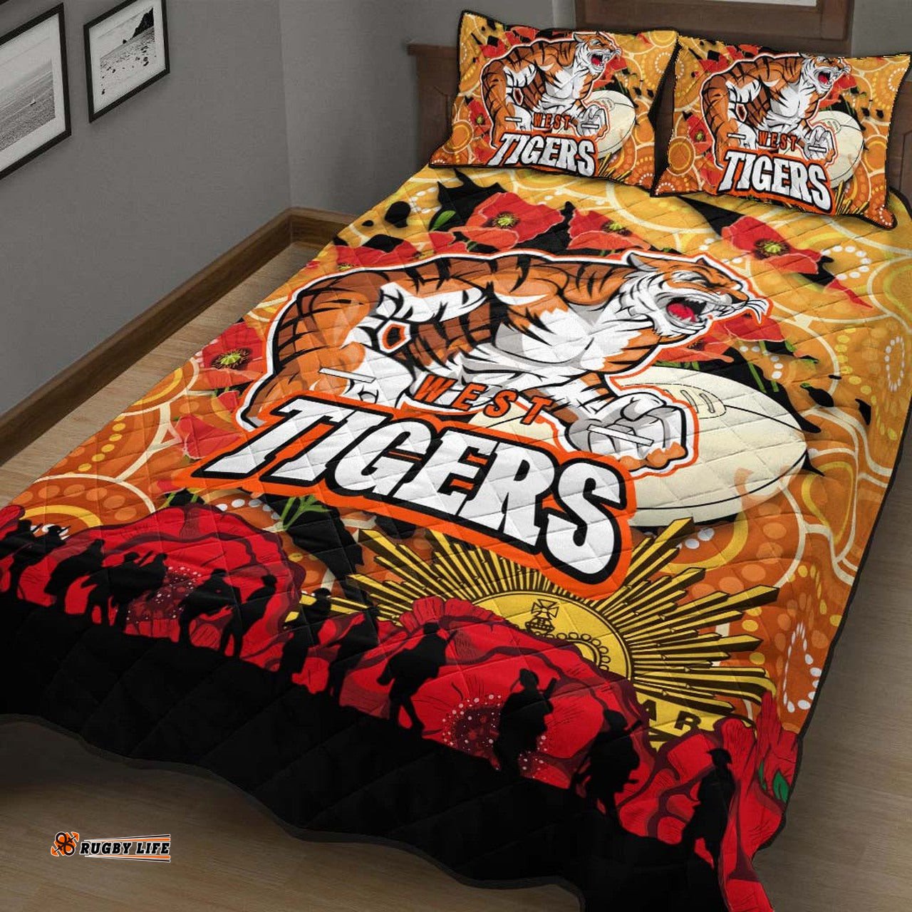 Tigers Rugby ANZAC Aboriginal Quilt Bed Set Tigers Rugby with Remembrance Day Poppy Flower Quilt Bed Set