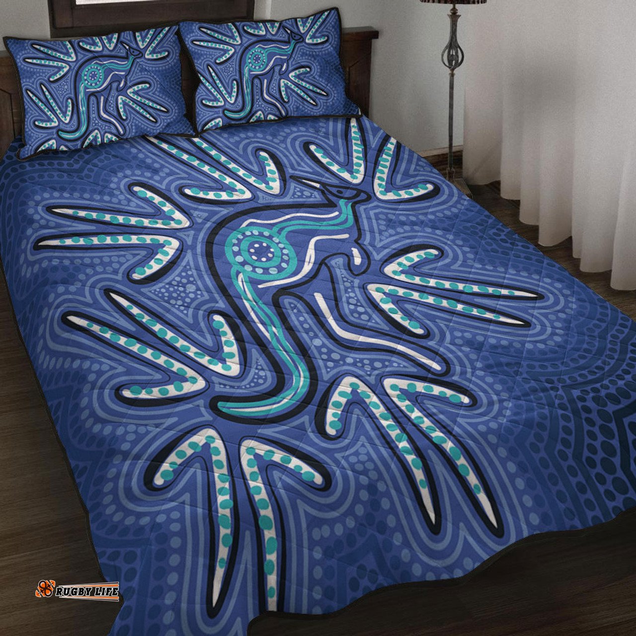 Australia Aboriginal Quilt Bed Set - Blue Aboriginal Style Of Dot Kangaroo Artwork Quilt Bed Set