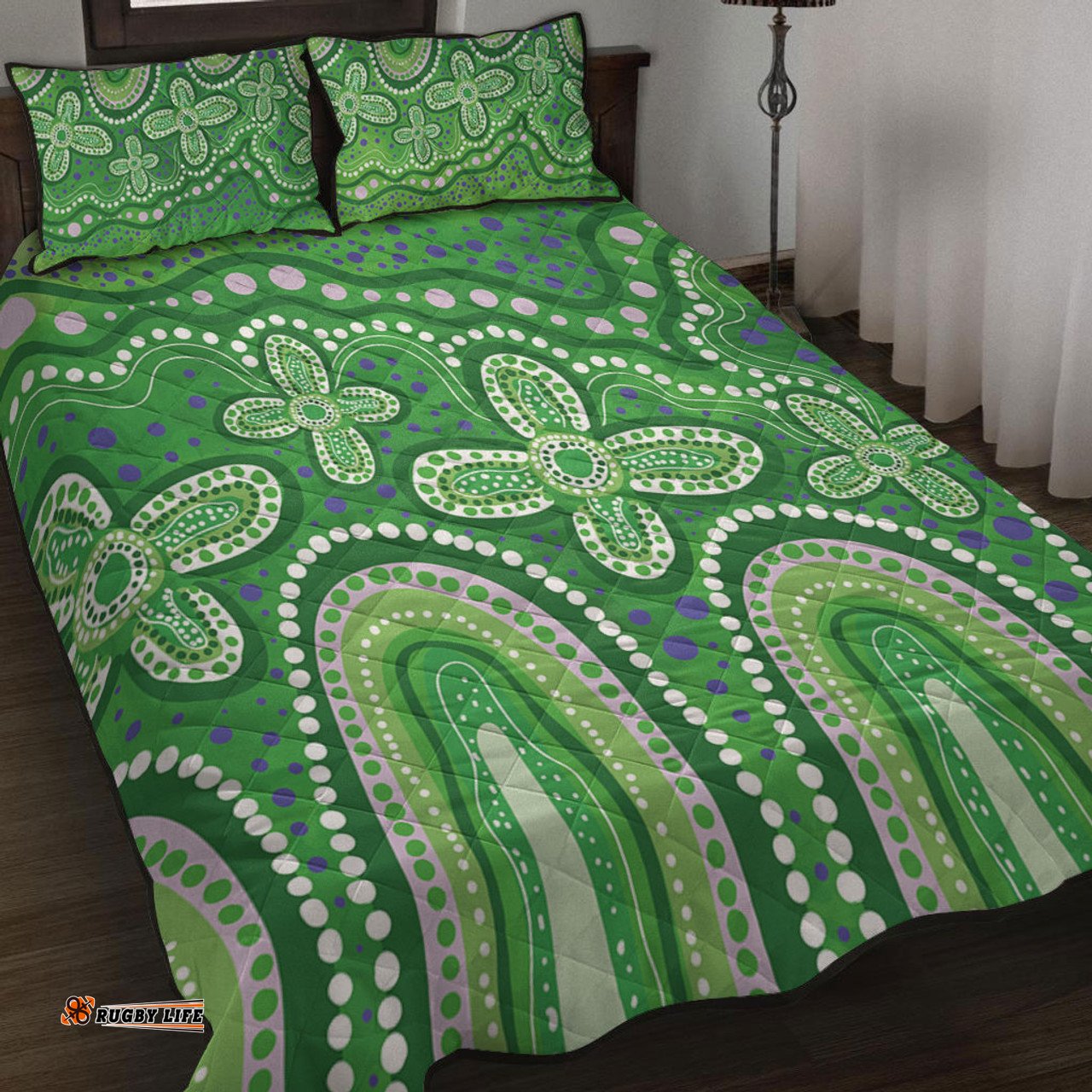 Australia Aboriginal Quilt Bed Set - Dot painting illustration in Aboriginal style Green Quilt Bed Set