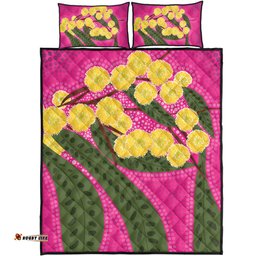 Australia Flowers Aboriginal Quilt Bed Set - Australian Yellow Wattle Flowers Painting In Aboriginal Dot Art Style Quilt Bed Set