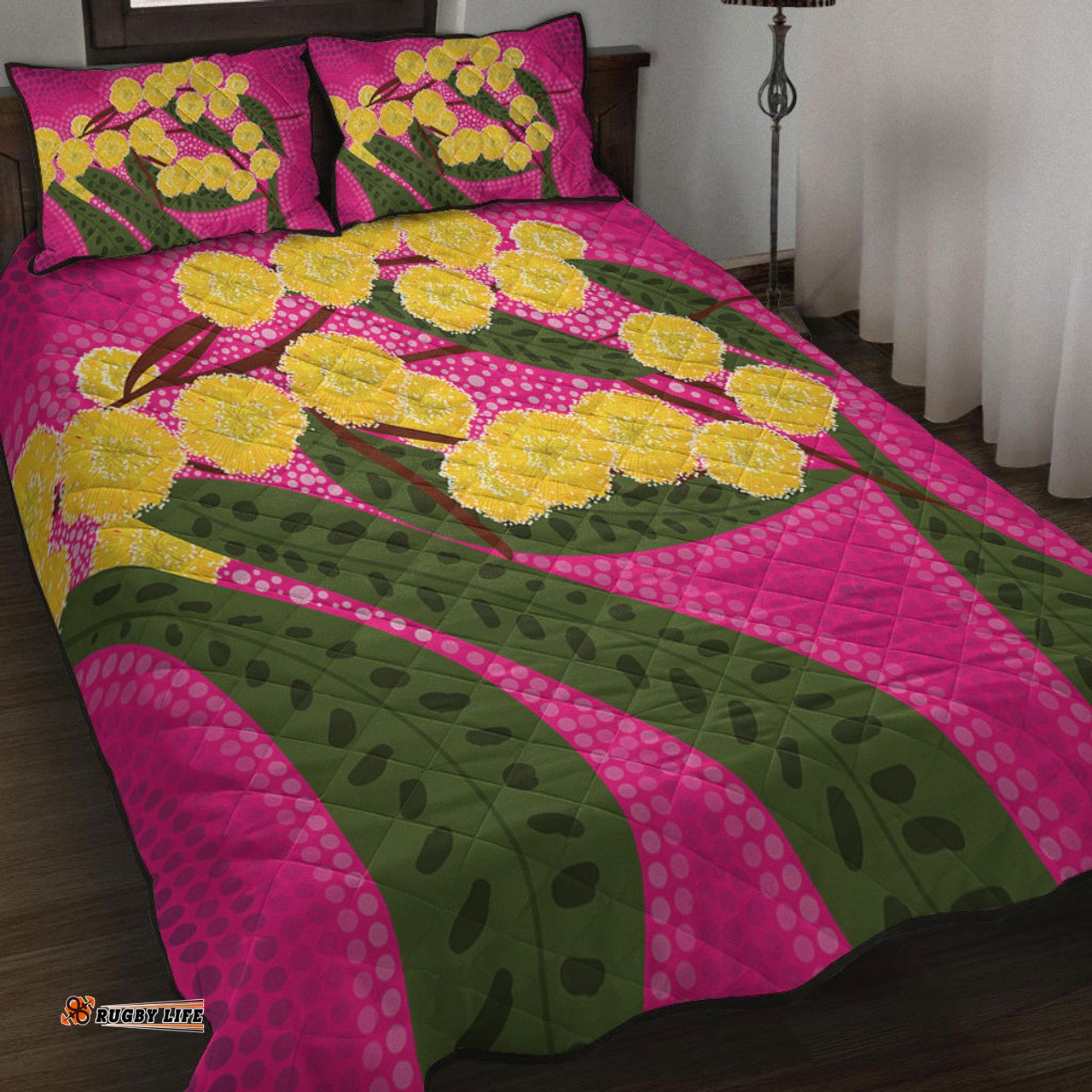 Australia Flowers Aboriginal Quilt Bed Set - Australian Yellow Wattle Flowers Painting In Aboriginal Dot Art Style Quilt Bed Set