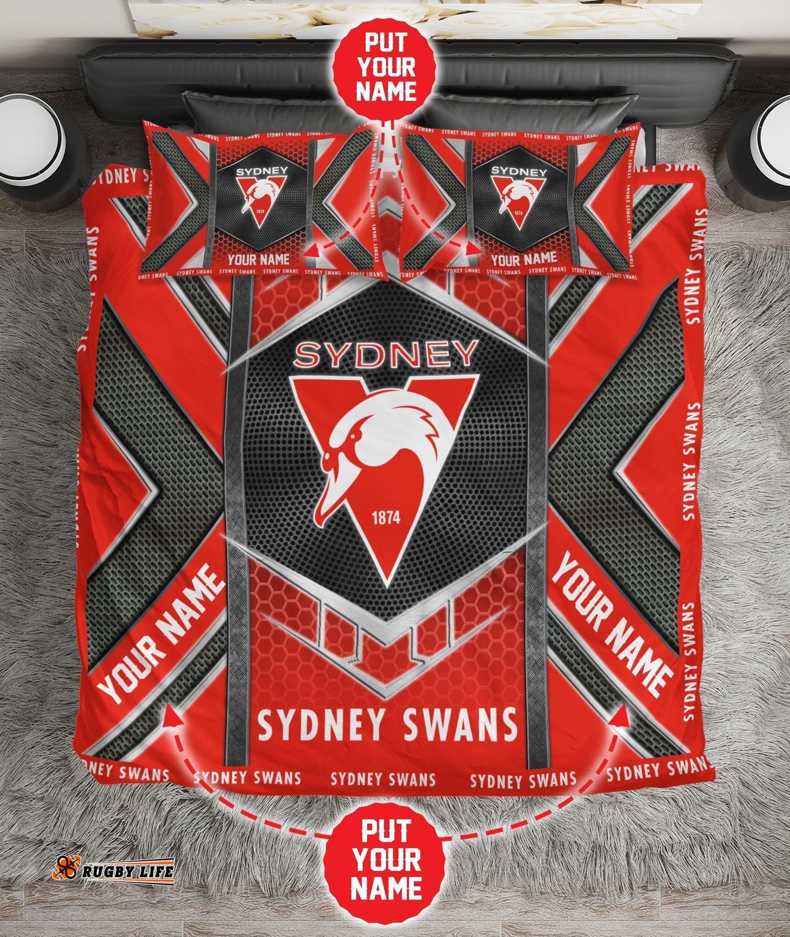 Personalised Sydney Swans Limited Edition Quilt Bed Set AFL Metal