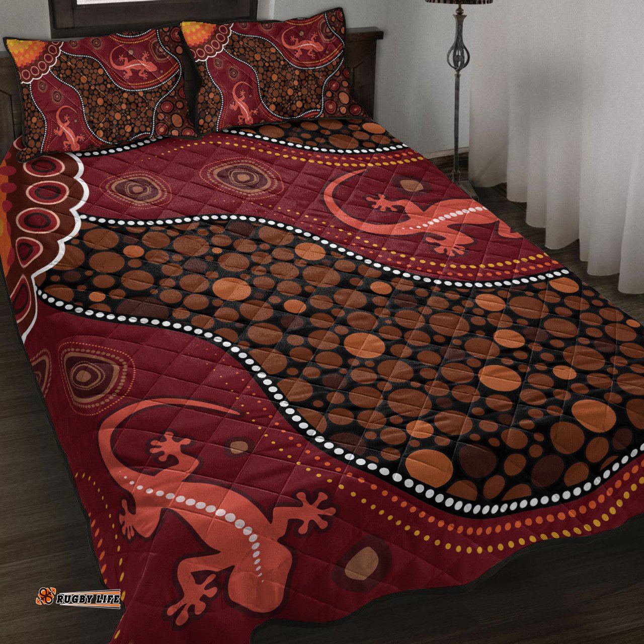 Australia Aboriginal Inspired Quilt Bed Set - Lizard Aboriginal Inspired Dot Painting Style